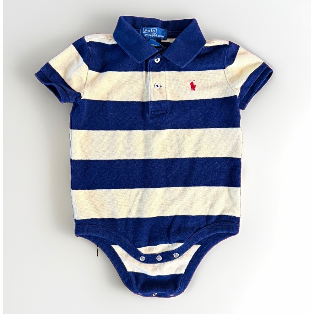Polo by Ralph Lauren 18M Blue/White Striped Cotton Knit Polo Bodysuit